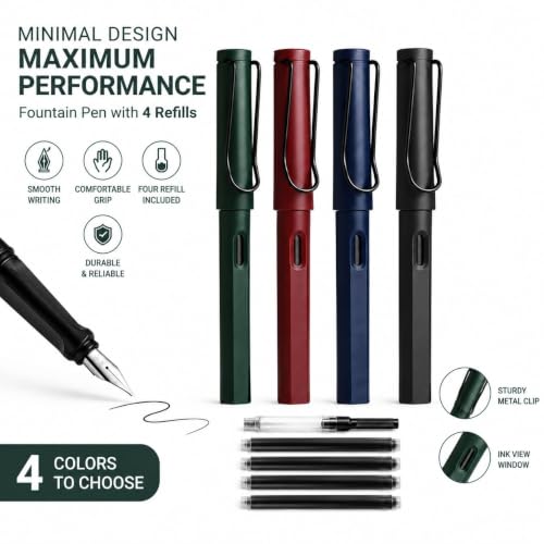 Image of Premium Matte Finish Fountain Pen with 0.5mm Chromium-Plated Steel Nib | Smooth Writing Pen with Black Ink Refill & Converter | Pocket-Friendly, Lightweight Pen (Pack of 1)