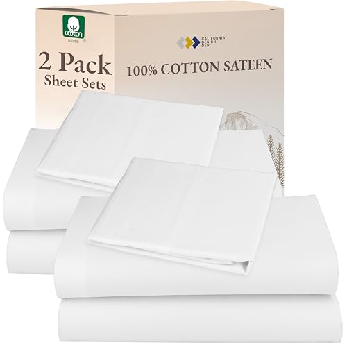Image of California Design Den 100% Cotton Pack of 2 Extra Long Twin Sheets, Soft & Durable Twin XL Cotton Sheet Sets with 12 inch Pockets, Twin XL Sheet Set with Sateen Sheets (White)