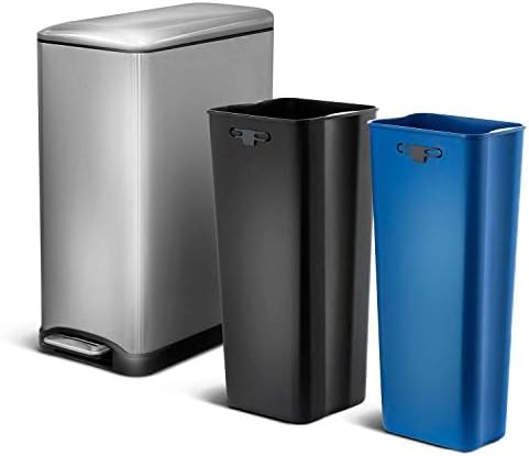 Home Zone Living 13 Gallon Slim Kitchen Trash Can with Dual Compartments for Trash and Recycling, Soft Close Lid, Step Pedal, Stainless Steel, Silver, Gen 1