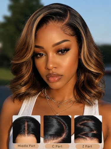 Image of Beauty Forever Glueless Bob Wig Human Hair 13x4 HD Lace Front Body Wave Drawstring Wig Chocolate Brown with Golden Highlights Pre Plucked Pre Cut French Bob 150% Density Ready to Wear 10inch