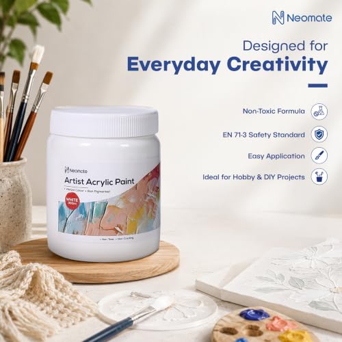 Image of Neomate Acrylic Colour White 300ml | Art & Craft, DIY, Rich Pigment, Non-Craking Paint for Canvas, Wood, Leather, Earthenware, Metal | Ideal for school projects, Hobbyists, Artists