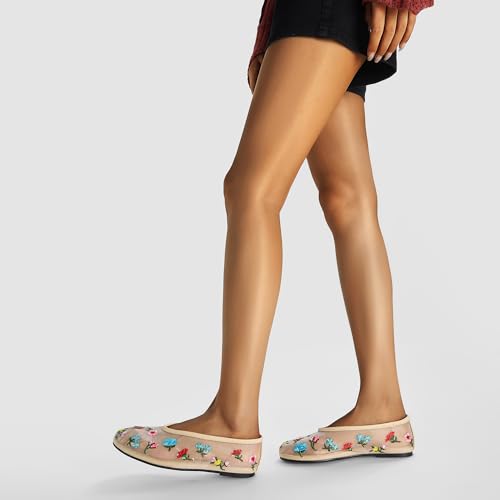 Image of Arqa Crystal-Embellished Mesh Flats Rhinestone Ballet Flat Slip On Ballerina Shoes Comfortable Casual Gauze Shoe