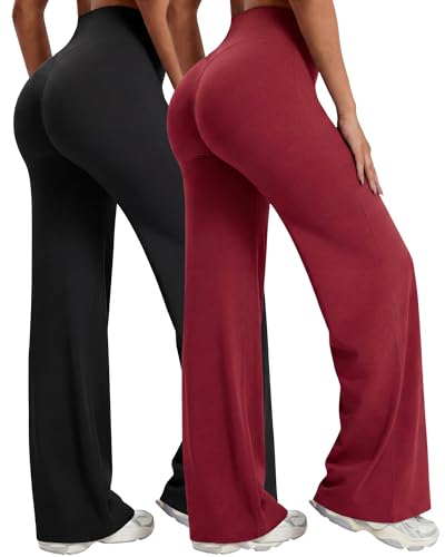 Image of Coume 2 Pack Women Workout Leggings Straight Wide Leg No Front Seam Yoga Gym Pants High Waist Buttery Soft Stretch Leggings