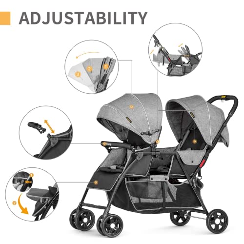 Geschwisterwagen - Besrey Leichtgewichtiger Zwillingswagen Doppel Kinderwagen mit verstellbaren Sitzen, Stoßdämpferrädern und Regenschutz