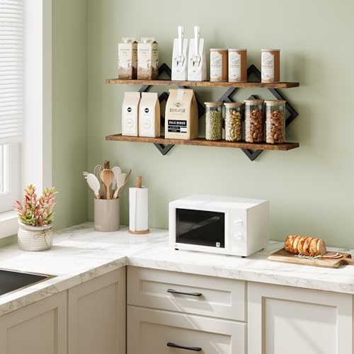 Image of ELYKEN Floating Shelves for Wall, Set of 2 Hanging Shelves, 2-Tier Wall Mounted Storage Shelves for Books & Decor, Perfect for Living Room, Bedroom, Kitchen, Home Office, Study, Rustic Brown