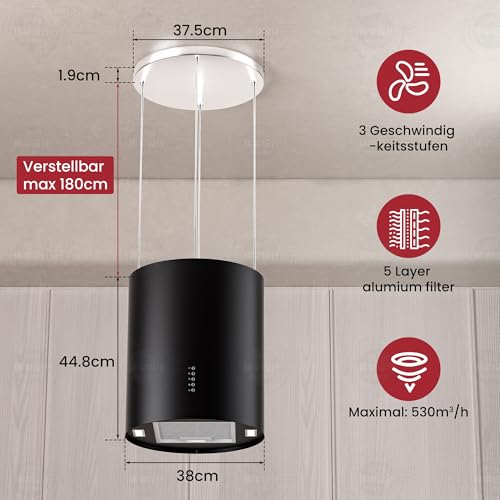 LEVIVO A+ Inselhaube Umluft Freihängend mit 530 m³/h Luftleistung, Insel Dunstabzugshaube mit 2 Aktivkohlefiltern, 1 Fettfilter, 3 Stufen & Booster, 2 LEDs, Abzugshaube, Schwarz