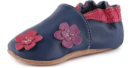 Ladeheid Zapatos de Bebé Niña Niño de Piel Suave con Suela de Gamuza Antideslizante LAFIO101 (Azul Oscuro/Flores, 23/24 EU)