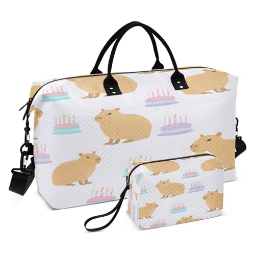 Travel Duffle Bag Weekender Bags Overnight Bag with Toiletry Bag Gym Duffel Bag Capybara Birthday Cake for Travel Business Trips Sport