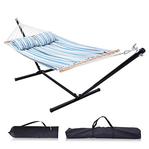 Ohuhu Hamaca Doble con Soporte de Metal Hamaca de Columpio Hecha de algodón, con Palos de Madera y Almohada. Soporte de Metal Desmontable, 2 Bolsas de Transporte Incluidas