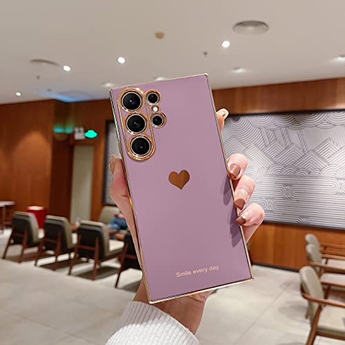 Teageo for Samsung S23 Ultra Case Cute Heart Pattern for Women Girls Slim Luxury Bling Plating Soft TPU Anti-Scratch Shockproof Bumper Phone Case for Samsung Galaxy S23 Ultra 5G, Lavender