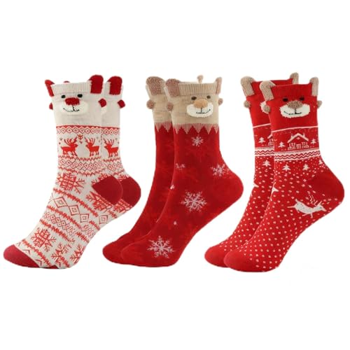 Jecdfs 3 Pairs Christmas Socks Ladies Winter,calcetines navidad mujer,christmas socks,calcetines navidad niños,algodón caliente de invierno con diseños de reno 3D, para mujeres y niñas