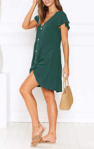 Image of MITILLY Women's Casual T-Shirt Dresses Sleeveless V Neck Button Down A Line Loose Swing Short Dress with Pockets
