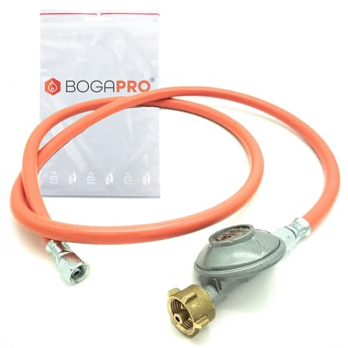 BOGAPRO Schlauch-Regler Set, 150 cm Gasschlauch mit 1/4' lks Anschluss und Campingregler 50 mbar, für handelsübliche Propangasflaschen, inkl. Polybeutel
