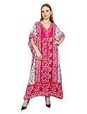 Art Of Creation Women Kaftan Dress Tunic Long Maxi Plus Size Print Caftan Gown Beach Party Casual Kimono Nightdress (Pink)