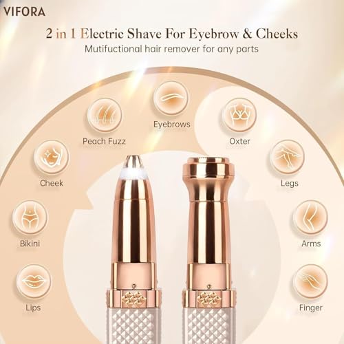 VIFORA 2-in-1 Eyebrow Trimmer for Women - Facial Hair Remover Machine For Women - Face,Upper Lips,Cheek, Chin and Nose Hair Remover, USB RECHARGEABLE Epilator With Ring Light (Gold Colour) - Image 3
