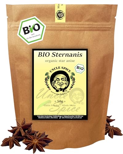 UNCLE SPICE® Bio Sternanis ganz 50g – Premium Gewürz in Spitzenqualität – Stern-Anis getrocknet, aromatisch & intensiv – Ideal für Tee, Backen, Kochen, Glühwein, asiatische Küche, DE-ÖKO-005
