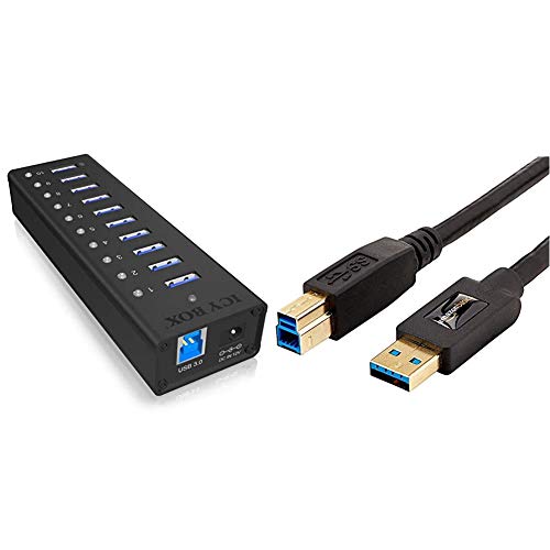 ICY BOX IB-AC6110 10-Fach USB 3.0 Hub mit Netzteil (12V/4A), Ladeport, Voll-Aluminium, Klettbefestigung, Schwarz & Amazon Basics USB 3.0 A-Stecker-B-Stecker-Kabel (1,8 m)