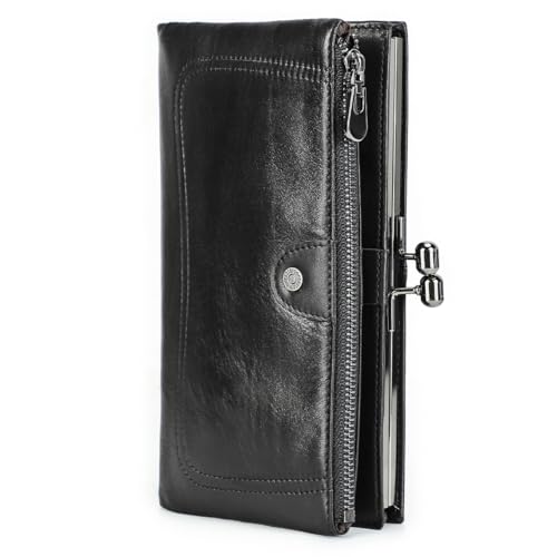 Image of CONTACTS Full Grain Leather Kiss Lock Wallet for Women Vintage Clutch Wallet RFID Bifold Phone Wallet Card Holder