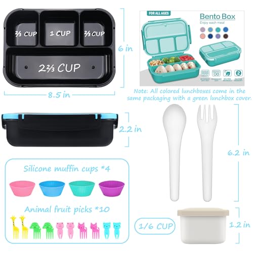 Image of QQKO Bento Box for Kids Adults, School Toddler Lunch Box for Boys Girls, Lunch Box Containers with 4 Compartments, Sauce Container, Utensils, Food Picks and Muffin Cups for School, Black Blue