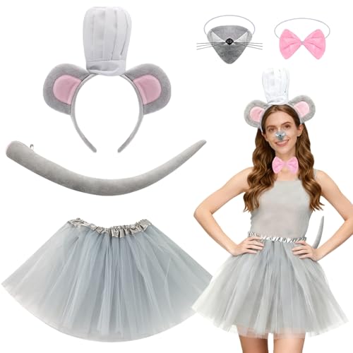 EDLMKM 5 Pcs Rat Theme Makeup Costume Animal Mouse Costume Accessory Set Grey Animal Nose Ears Headband Bow Tie Tail Tutu Skirt for Christmas Carnival World Book Day Cosplay Dress Party Supplies