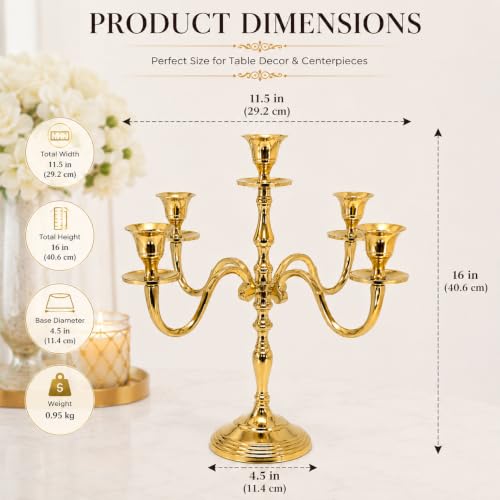 Image of Decorative Aluminum Vintage 5-Arm Brass Gold Candelabra Candle Holder - Elegant Metal Table Centerpiece for Home, Wedding, Party & Dining Room Decor