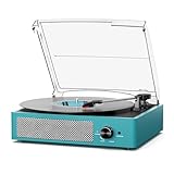 Record Player for Vinyl with 2 Build-in Speakers LP Vinyl Players Belt-Driven Vintage Turntables 3 Speed 3 Size, Wireless Bluetooth Playback, AUX-in, RCA Out, Headphone, Auto Stop Sea Blue