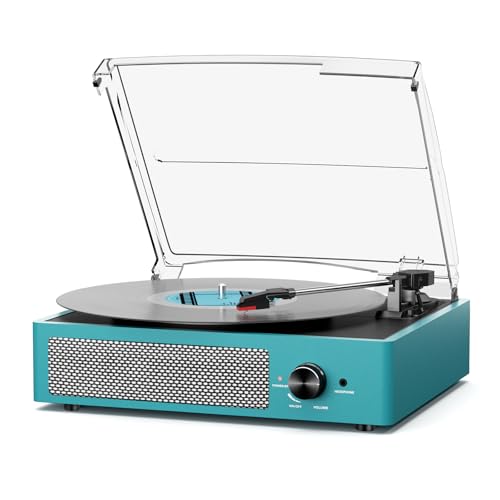 Record Player for Vinyl with 2 Build-in Speakers LP Vinyl Players Belt-Driven Vintage Turntables 3 Speed 3 Size, Wireless Bluetooth Playback, AUX-in, RCA Out, Headphone, Auto Stop Sea Blue
