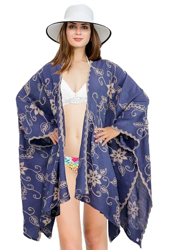 Image of Womens Kimono Robes Cardigan Embroidery Floral Beach Dressing Gown Bikini Cover-Ups Loose Swimwear Body Wrap for Summer (Navy Blue)