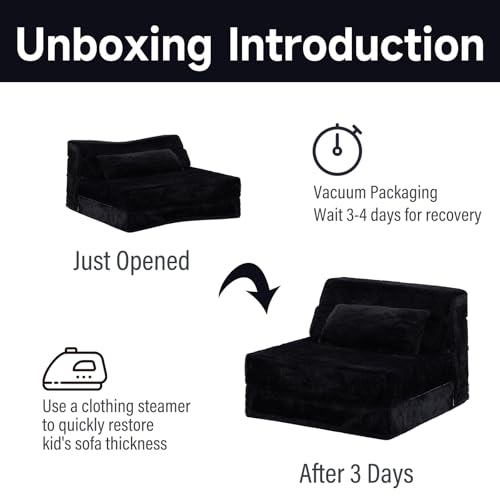 Image of Tiita Convertible Folding Kids Sofa Bed with Pillow & Storage Bag, Plush Fabric Floor Mattress Couch Bed, Washable Cover, Kids Room, Playroom, Dorm, Apartment, Black