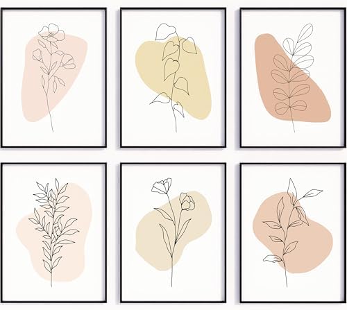 Minimalist Line Art Floral Wall Art - Set of 6 Abstract Botanical...