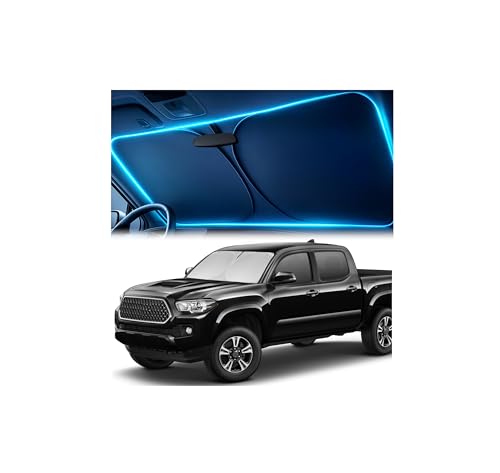 Windshield Sun Shade for Toyota Tacoma 2016-2023 2024 2025 Custom Fit Sun Shield with Mirror CutOut Blocks Heat & UV Foldable with Storage Pouch - Toyota Tacoma Windshield Sunshade