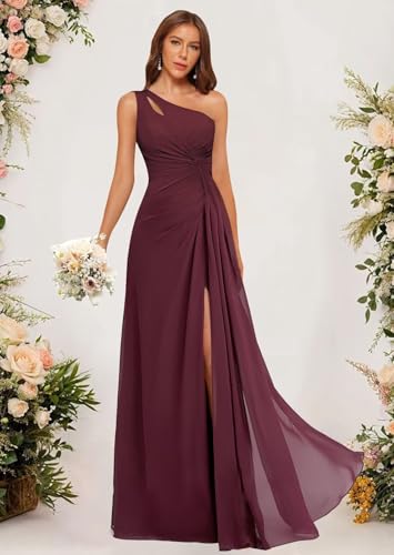 One Shoulder Pleated Bridesmaid Dresses Long with Slit Chiffon A Line Formal Evening Dress for Women3