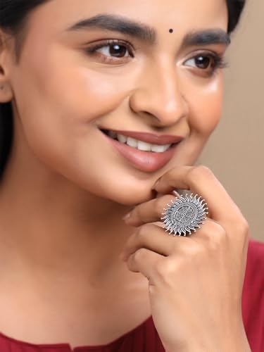 Image of Yellow Chimes Rings for Women and Girls | Traditional Silver Oxidised Ring Set | Big Charm Floral Oxidised Rings for Girls | Floral Shaped Combo for Women | Accessories Jewellery for Women | Birthday Gift for Girls and Women Anniversary Gift for Wife