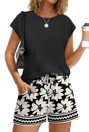 Image of WIHOLL Two Piece Sets for Women Summer Crew Neck Lounge Short Sets Cap Sleeve Drawstring Sweatsuit with Pocket