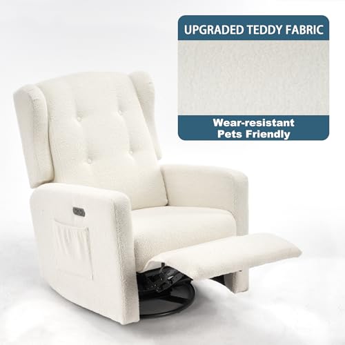 Image of Ketaiyou Power Swivel Rocking Recliner Chair, Electric Rocker Nursery Glider Chair, USB and Type-C Ports,Upholstered Teddy Fabric Reclining Single Sofa Chair for Living Room (Ted Beige)