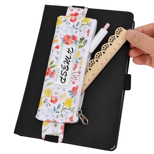Image of Adjustable Elastic PU Pen Holder for Notebook, Stationery School Supplies Zipper Bag for Journals, Book,Planners,Black Flower,3 PCS