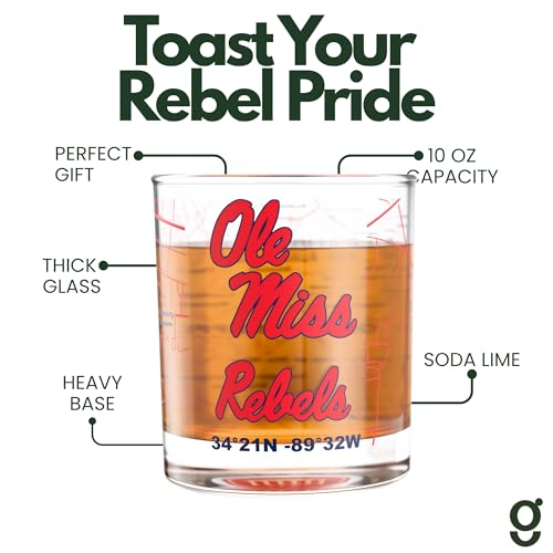 Image of Greenline Goods University of Mississippi Rebels Whiskey Glasses Set of 2, 10 oz Rocks Glasses with Full-Color Logo & Campus Map - Officially Licensed Bourbon Glass Gift for Alumni & Fans