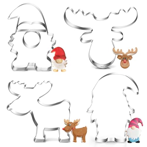 Ausstechformen Weihnachten, Wichtel Weihnachtsmann Plätzchen Ausstecher Set, Edelstahl Plätzchenausstecher Elch, 4 Stück Elchkopf Keksausstecher, Cookie Cutter Geschenke für Backen Fondant Torten