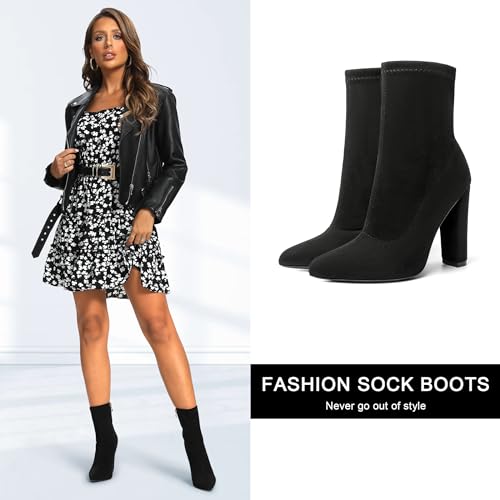 risdoada Women's Sock Boots Chunky Heel Ankle Booties Elastic Suede Pointed Toe Fall Winter High Heeled Mid Calf Boots3