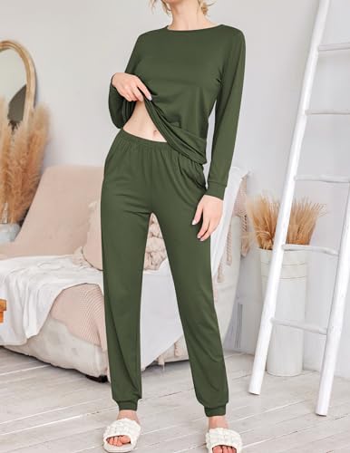 Image of Ekouaer 2 Pack Pajama Sets for Women,Long Sleeve Top With Jogger Pants Lounge Set Sleepwear with Pockets
