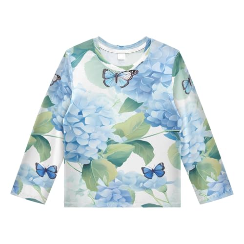 Boys Rash Guard Swim Shirt Long Sleeve UPF+ 50 Sun Shirts Quick Dry Shirt Blue Flower and Butterfly for Toddler Kids