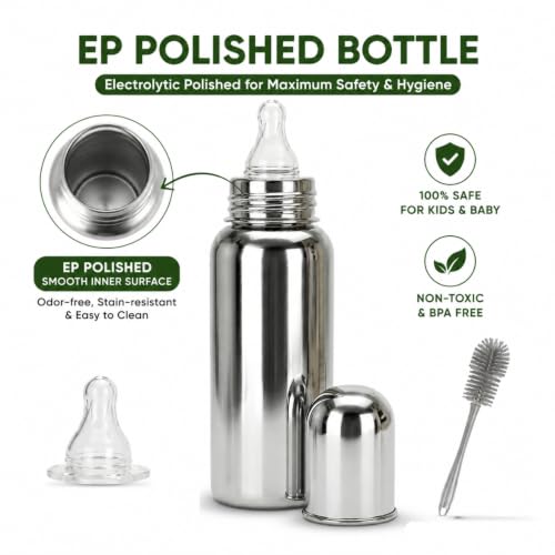 Image of Stainless Steel Baby Feeding Bottle, 250ml, BPA Free, with 3 Silicone Nipples and Cleaning Brush, Anti Colic, for Infants 0-2 Years