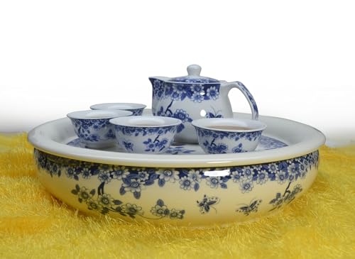 Image of Porcelain Tea Tray 12 inch, Double-Layer Ceramic Tray Round for Tea Coffee Serving Gongfu Tea Table Tea Room (Blue and White Butterfly Lovers)