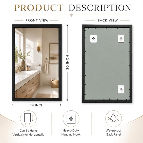 Image of Rousrie Premium Framed Glass Wall Mount Mirror, Decorative, for Bathroom, Bedroom, Living Room and Entryway, Wash Basin (14 by 20 Inch) (Solid Black)