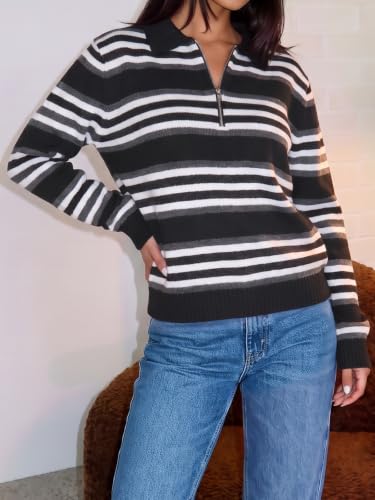 Fisoew Womens Quarter Zip Striped Sweater Collared Long Sleeve Pullover Top - image 3