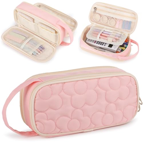 Bunnychill Pencil Case For Girls,Flower Quilted Large Capacity Pencil Pouch With 2 Compartment, Zipper Pencil Bag With Handle, Women Soft Pencil Box For Middle School Office College