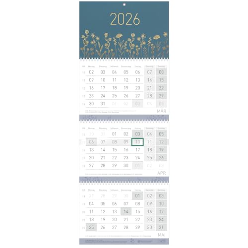 Häfft® 3-Monatskalender 2026 Wandkalender mit Schieber, Ferien DE & AT, Jahresübersicht, Bürokalender Wandplaner Fine Flowers blue - nachhaltig & klimafreundlich