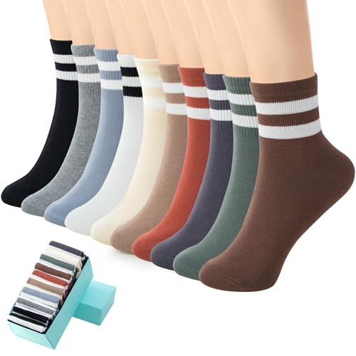 Image of SISOSOCK Quarter Crew Cotton Socks for Women Striped Athletic Casual Breathable Socks 10 Pairs with Gifts Box