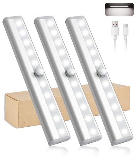 Under Cabinet Lighting, 3 Pack Rechargeable Motion Sensor Light Indoor, Super Bright Closet Lights, Wireless Under Counter Lights for Kitchen Stairs