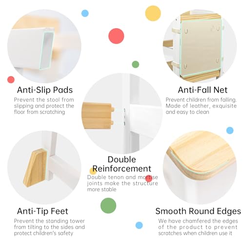 Image of Kitchen Step Stool for Toddlers with Non-Slip Mat, WOOD CITY Wooden Kids Montessori Learning Stool Tower, Toddler Standing Tower Helper for Kitchen Counter and Bathroom Sink(White-Natural-Adjustable)